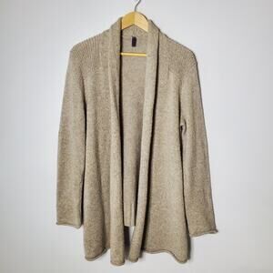 NYDJ tan knit open hand cardigan sweater with elbow patch design Large Super Sof